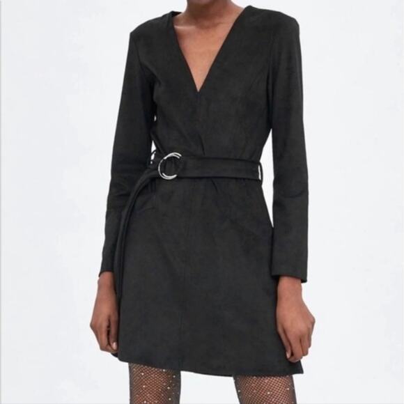 ZARA Trafaluc Black Faux Suede Belted Long Sleeve Dress in Black Size Small - Picture 1 of 13